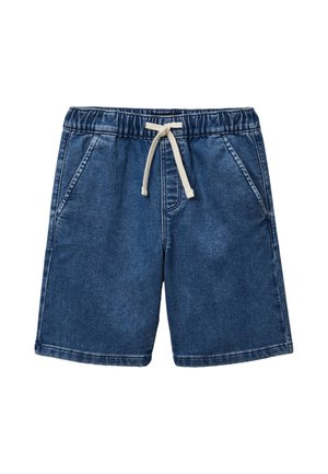 Short en denim bleu avec taille élastique et cordon blanc, avec poches avant et détails de couture simples.