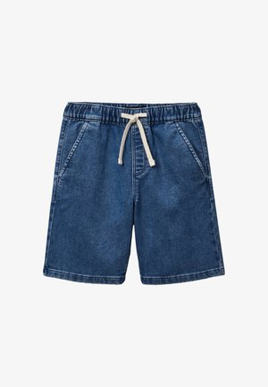 Short en denim bleu avec taille élastique et cordon blanc, avec poches avant et détails de couture simples.