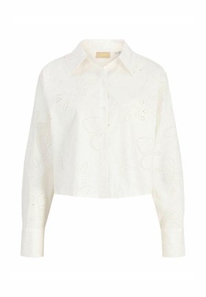 Cămașă scurtă albă cu mâneci lungi, nasturi pe față, guler ascuțit și model floral brodat cu perforații pe toată suprafața.