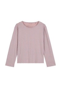 T-shirt à manches longues en tissu rose clair, présentant un motif géométrique bleu et blanc, avec un col rond et une coupe décontractée.