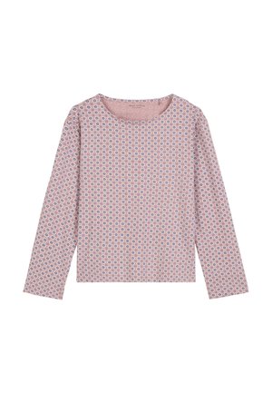 T-shirt à manches longues en tissu rose clair, présentant un motif géométrique bleu et blanc, avec un col rond et une coupe décontractée.