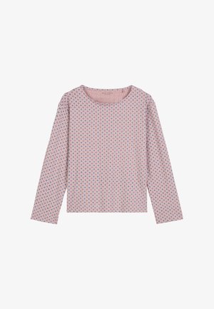 T-shirt à manches longues en tissu rose clair, présentant un motif géométrique bleu et blanc, avec un col rond et une coupe décontractée.