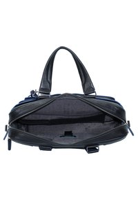 Borsa in pelle nera con due manici, chiusura con zip, dettagli blu e interno grigio con una tasca con zip e una tracolla.