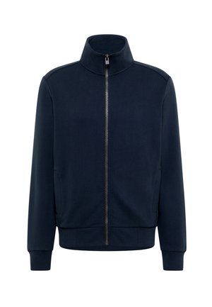 Jachetă bleumarin cu fermoar, guler înalt, manșete drepte și buzunare laterale. Textură netedă a țesăturii; design minimalist fără modele.