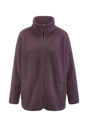 Fleecejacke in dunkellila mit hohem Kragen, durchgehendem Reißverschluss und zwei vorderen Reißverschlusstaschen, mit strukturiertem Material und lässiger Passform.
