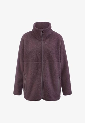 Fleecejacke in dunkellila mit hohem Kragen, durchgehendem Reißverschluss und zwei vorderen Reißverschlusstaschen, mit strukturiertem Material und lässiger Passform.