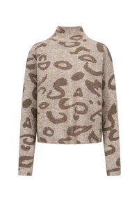 Beige trui met een hoge halslijn, voorzien van een bruin abstract patroon. De pasvorm is ontspannen met lange mouwen en een zachte textuur.