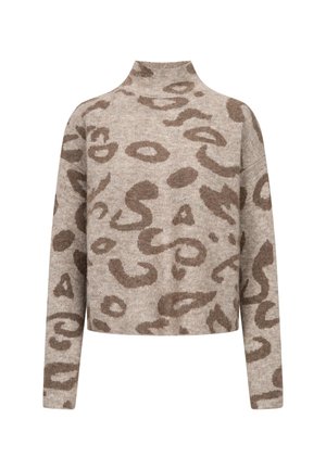 Beige trui met een hoge halslijn, voorzien van een bruin abstract patroon. De pasvorm is ontspannen met lange mouwen en een zachte textuur.