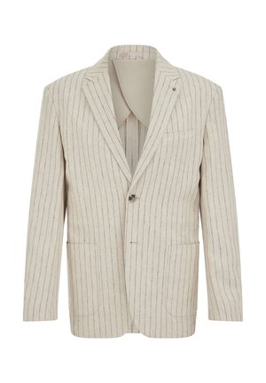 Beeži ühe-rea nööbitav bleiser, millel on õhukesed vertikaalsed triibud, sälglapid, esitaskud ja üks nupulukk.