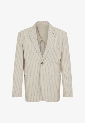 Beeži ühe-rea nööbitav bleiser, millel on õhukesed vertikaalsed triibud, sälglapid, esitaskud ja üks nupulukk.