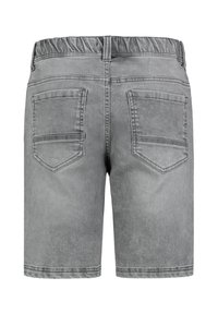 Gray denim shorts with an elastic waistband, two back pockets, and a smooth, textured finish. Casual design with a straight cut.