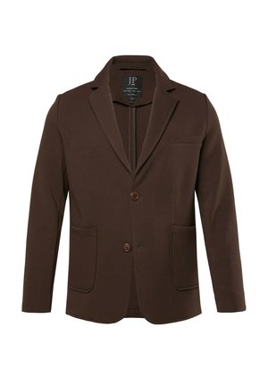 Bruine blazer met een notch lapel, twee voorzakken en een enkele knoopsluiting. Gemaakt van een zachte, gestructureerde stof.