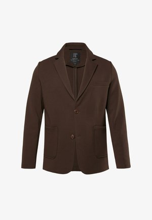 Blazer marron avec un col cranté, deux poches avant et une fermeture à un bouton. Fabriqué en tissu doux et texturé.