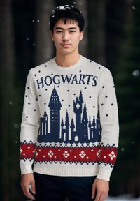 Maglione lavorato a maglia in crema con design del castello di Hogwarts in blu navy. Presenta motivi geometrici rossi e blu sull'orlo e polsini a coste.