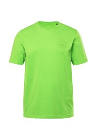 T-shirt in cotone verde con scollatura rotonda e maniche corte. Presenta un logo goffrato discreto sul petto. Tessuto liscio, vestibilità casual.