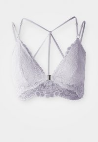 Lavendelkleurige kanten bralette met verstelbare bandjes, golvende randen en een sluiting aan de voorkant, voorzien van een decoratief crisscross ontwerp aan de achterkant.