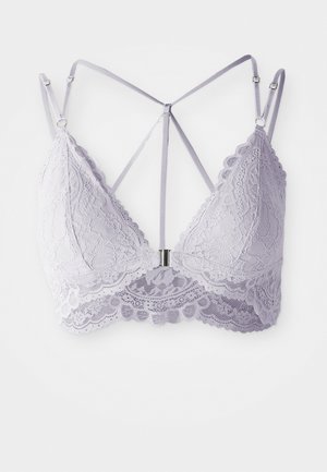 Brassière en dentelle lavande avec bretelles réglables, bords festonnés et un fermoir à l'avant, dotée d'un design de dos décoratif avec des lanières.