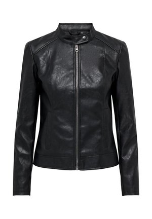 Veste en cuir noir avec un col montant, fermeture éclair à l'avant et design ajusté. Présente des coutures minimales et des poches latérales. Texture lisse.