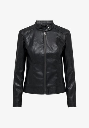 Juodas odinis švarkas su aukšta apykakle, priekiniai užtrauktukas ir prigludęs dizainas. Yra minimalus siuvimas ir šoninės kišenės. Sklandus paviršius.