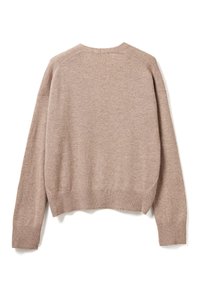 Maglione lavorato a maglia beige con vestibilità rilassata, polsi e orlo a coste, e scollatura rotonda. Tessuto morbido e cuciture dettagliate sono visibili.