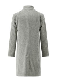 Grauer Wollmantel mit geradem Schnitt, langen Ärmeln, hohem Kragen und Seitentaschen; strukturierte Musterung auf dem Stoff, minimalistisches Design.