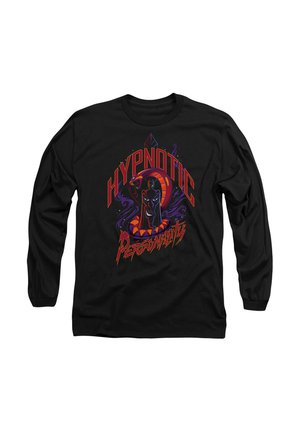 Black long-sleeve t-shirt featuring colorful graphic text "HYPNOTIC PERSONALITY" with a snake design and swirling patterns in purple and red.