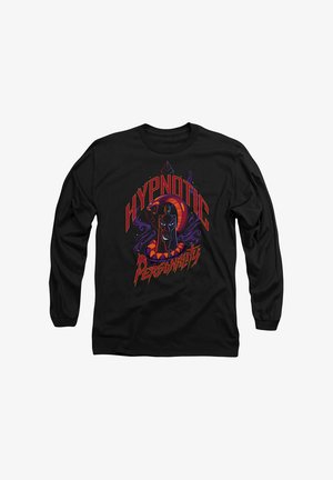 Black long-sleeve t-shirt featuring colorful graphic text "HYPNOTIC PERSONALITY" with a snake design and swirling patterns in purple and red.