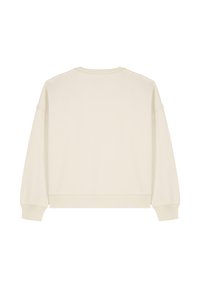 Sweatshirt crème avec une coupe ample, épaules tombantes, poignets et ourlet côtelés. Texture douce avec des détails de couture minimes et un col rond.