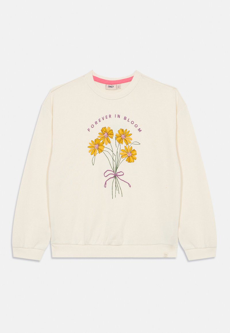Gräddfärgad sweatshirt med långa ärmar, ribbad mudd och nederkant. Har blommig broderi i gult med en lila rosett, texten lyder "FOREVER IN BLOOM."