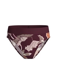 Bloemen bikini onderkant met een kastanjebruine basis, voorzien van lichtgekleurde bloemen en een gladde stof. De tailleband is geband voor comfort.