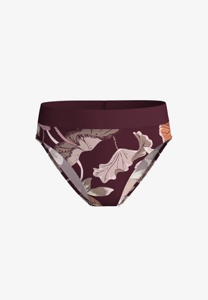 Bas de bikini floral avec une base bordeaux, ornée de fleurs de couleur claire et fabriqué en tissu lisse. La ceinture est élastique pour plus de confort.