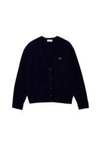 Cardigan blu navy con design a collo a V, polsini a coste e chiusura con bottoni. Presenta un piccolo logo ricamato verde sul petto.