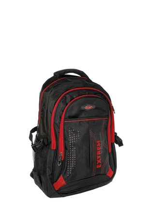 Black fabric backpack with red accents, multiple zippered compartments, mesh side pocket, and reflective dots on the front.