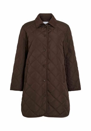 Chaqueta acolchada marrón con cuello, botones a presión, mangas largas y bolsillos laterales. Tela texturizada con un patrón de diamantes. Diseño ligero.