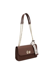 Borsa in pelle marrone con una parte anteriore in camoscio, hardware dorato e tracolla a catena staccabile. Include un'etichetta in tessuto con il nome del marchio.