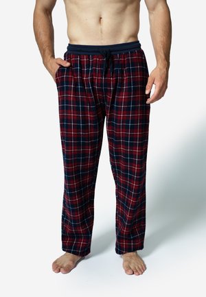 Rode en marineblauwe geruite pyjamabroek met een trekkoord in de taille, gemaakt van zachte stof, met zijzakken en een relaxte pasvorm.