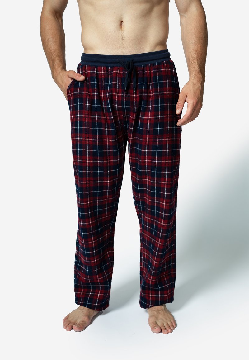 Rode en marineblauwe geruite pyjamabroek met een trekkoord in de taille, gemaakt van zachte stof, met zijzakken en een relaxte pasvorm.
