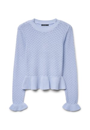 Hellblauer Pullover mit strukturiertem Muster, Rundhalsausschnitt, gerafftem Saum und ausgestellten Bündchen. Hergestellt aus weichem Strickmaterial.