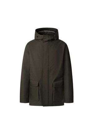Dunkelgrüne Winterjacke mit Kapuze, Frontzipper, Klappentaschen und verstellbaren Kordeln an der Kapuze.