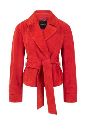 Red suede jacket with a belt, wide lapels, and intricate stitching along the collar. Features long sleeves and a tailored fit.