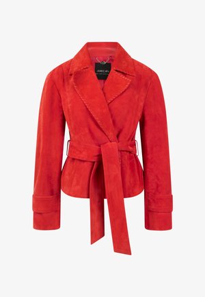 Red suede jacket with a belt, wide lapels, and intricate stitching along the collar. Features long sleeves and a tailored fit.