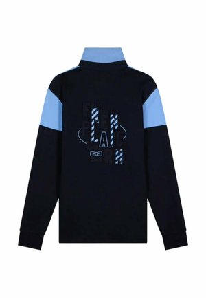 Polo-shirt à manches longues bleu marine foncé avec des accents de lumière bleue sur les épaules. Doté d'un imprimé graphique en noir et bleu. Fabriqué en tissu doux, col côtelé.