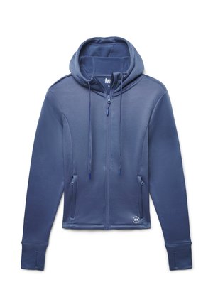 Felpa con zip blu navy, con cappuccio regolabile, tasche laterali e morbido tessuto. Presenta polsini aderenti e un logo circolare sull'orlo.