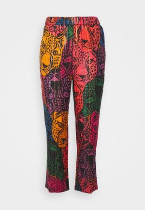 Kleurrijke broek met elastische tailleband, voorzien van gedurfde luipaardgezichtpatronen in oranje, rood, groen, paars en blauw op een zwarte achtergrond.