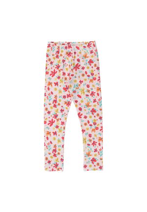 Children’s white leggings with colorful red, orange, yellow, and blue floral pattern and elastic waistband.