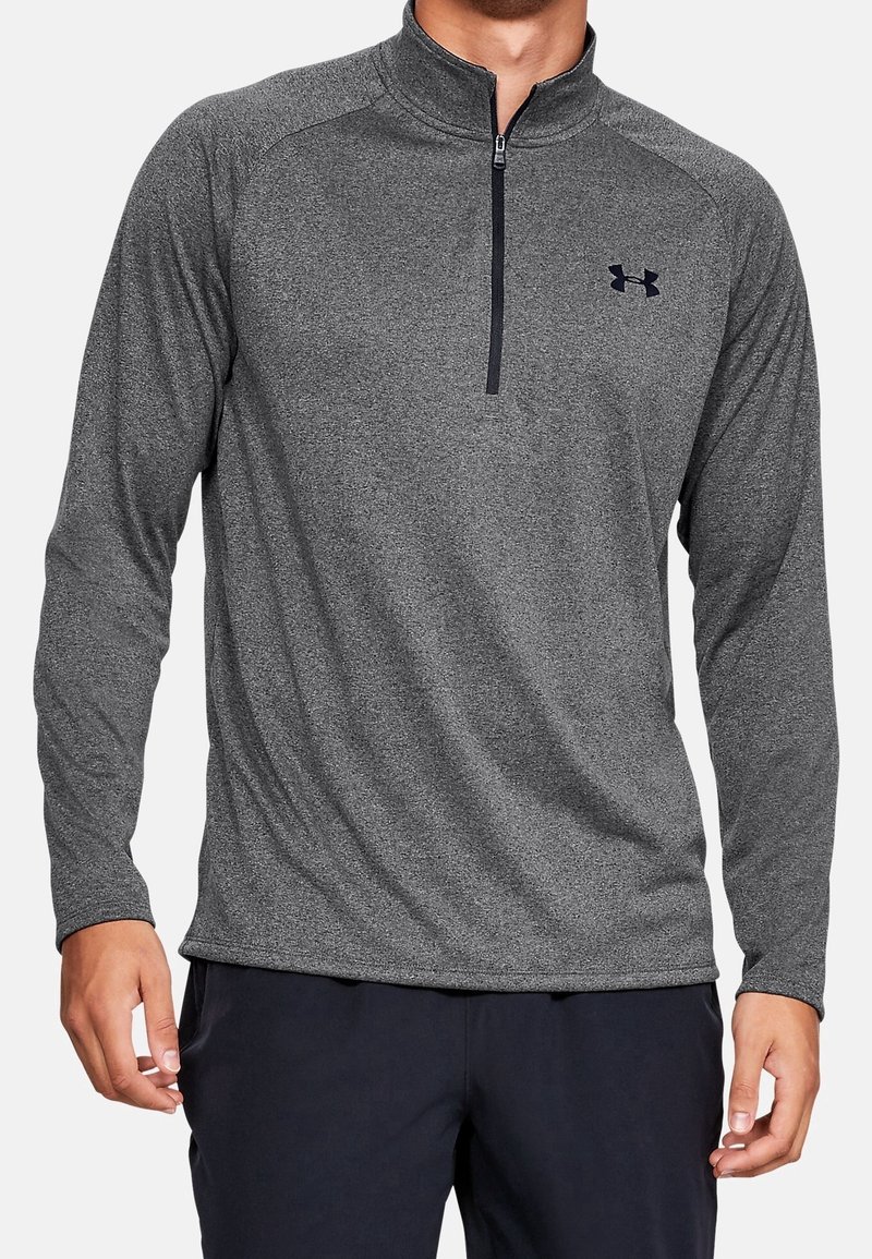 Grauer Langarm-Quarter-Zip-Pullover mit strukturiertem Stoff, kontrastierendem dunklem Reißverschluss und Under Armour-Logo auf der Brust.