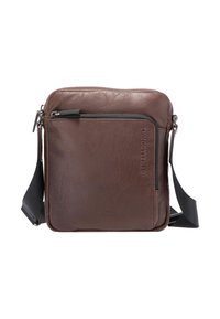 Bruine leren crossbodytas met een gestructureerd oppervlak, voorzien van een voorvak met rits en een afneembare schouderriem. Compact rechthoekig ontwerp.