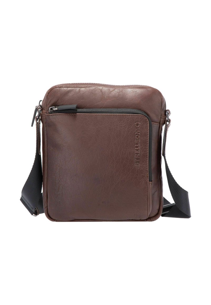 Bruine leren crossbodytas met een gestructureerd oppervlak, voorzien van een voorvak met rits en een afneembare schouderriem. Compact rechthoekig ontwerp.