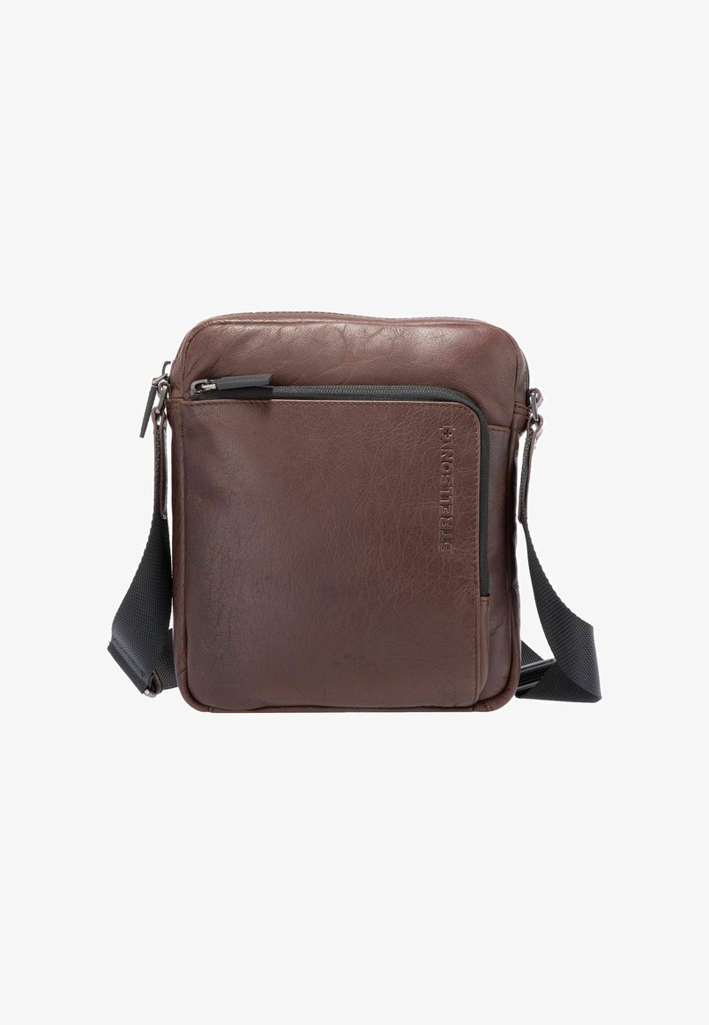 Bruine leren crossbodytas met een gestructureerd oppervlak, voorzien van een voorvak met rits en een afneembare schouderriem. Compact rechthoekig ontwerp.