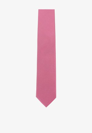 Solid pink necktie with subtle horizontal ribbed texture, tapered at the bottom against a plain white background.
